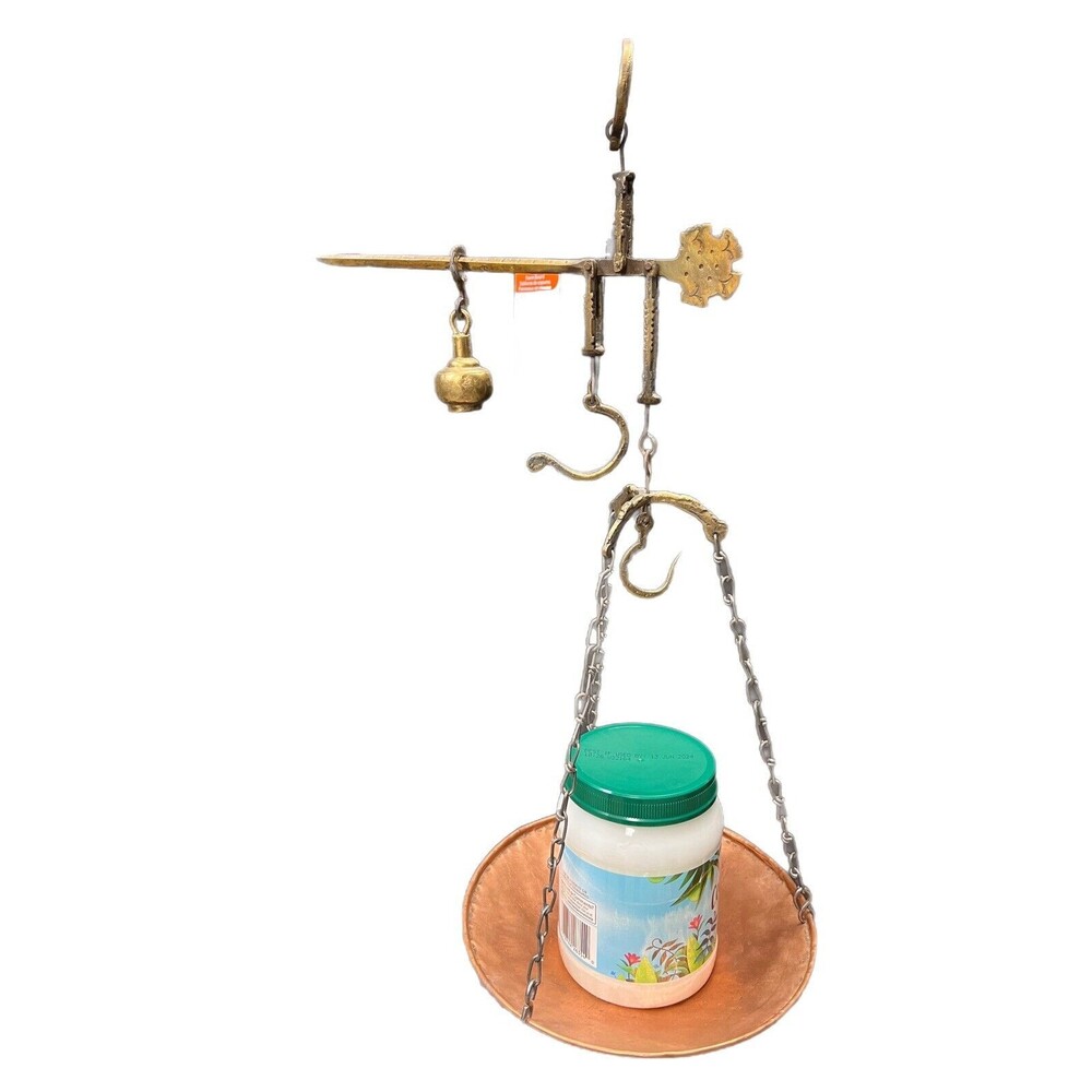 Vintage Hanging Hammered Copper & Brass Steelyard Balance Counter Weight 3 Hooks